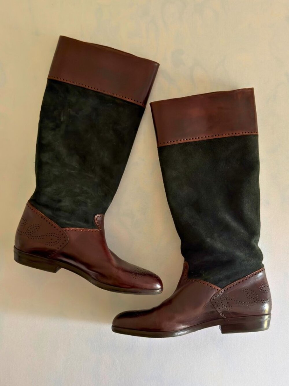 Lorenzo Banfi x Cole Haan Brown Leather & Green Suede Vintage Riding Boots